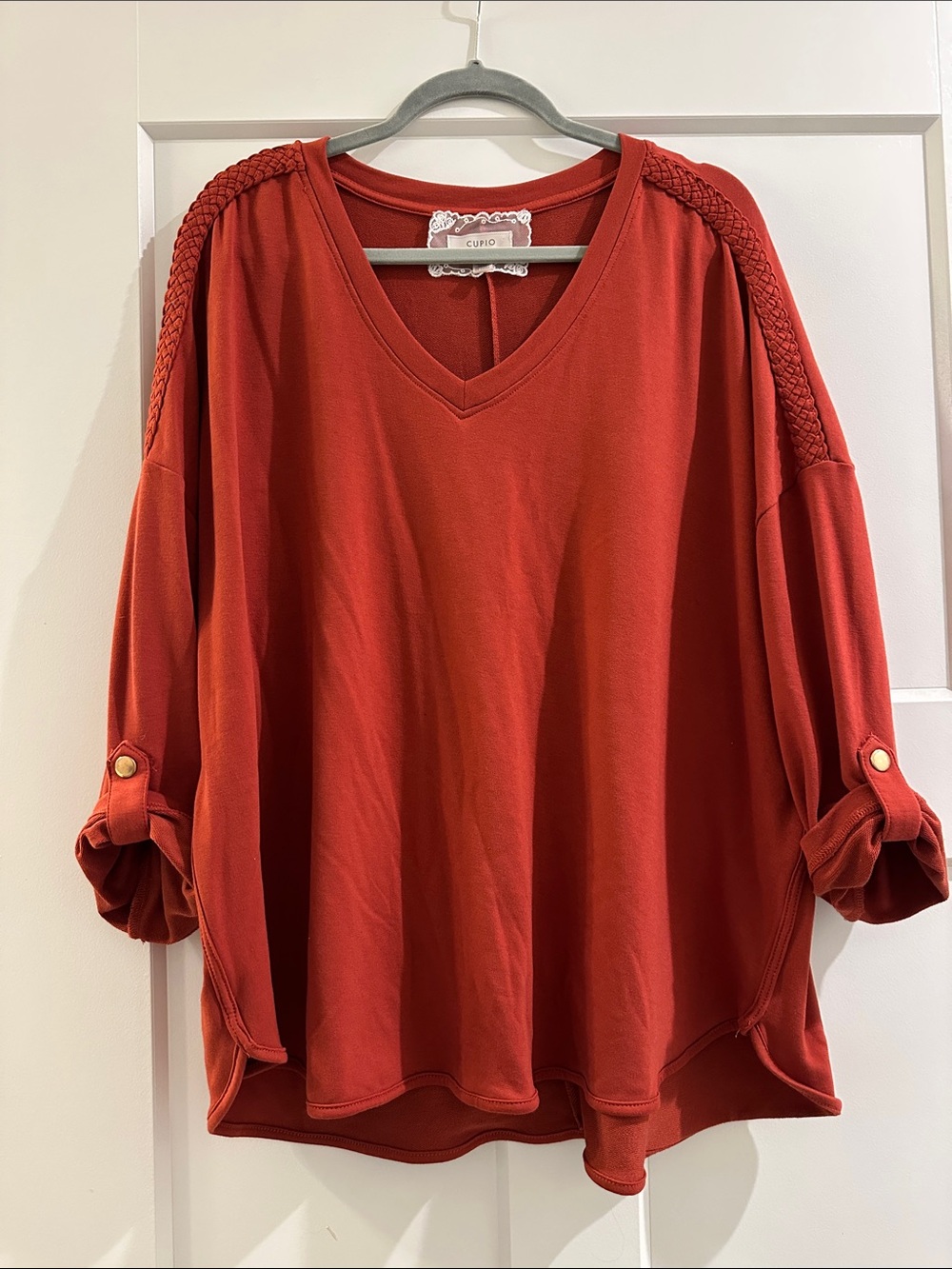 Cupio Rust Red V-Neck Top with Braided Shoulders